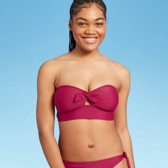 Women's Shade & Shore Long Line Front Tie Bandeau Bikini Top, Berry Medium 820 - Picture 1 of 9